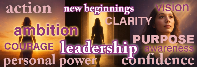 Numerology Number 1 Year image with a woman stepping into golden light surrounded by words like leadership, new beginnings, ambition, purpose, clarity and confidence.