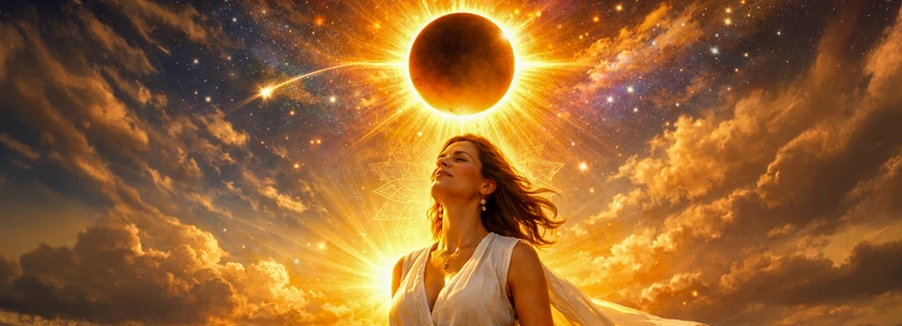 Solar eclipse astrology image showing a woman bathed in golden light beneath a glowing eclipsed sun, symbolising awakening, renewal, inner strength and powerful new beginnings during a solar eclipse.