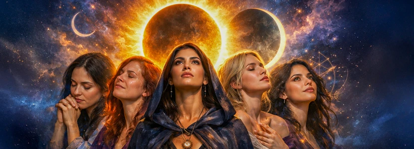 Solar eclipse astrology artwork featuring five women expressing different emotions beneath a glowing eclipsed sun and crescent moons, symbolising transformation, reflection, release and new beginnings during a solar eclipse.