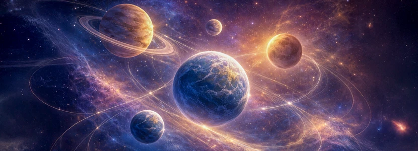 Multiple planets orbiting through a glowing galaxy, symbolising significant planetary transits and astrological cycles in 2026