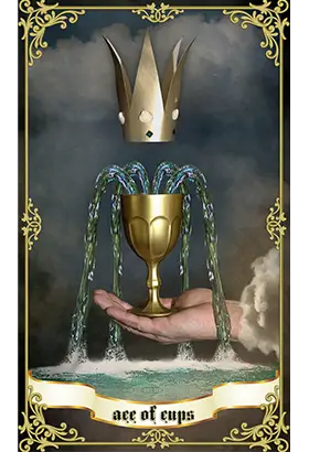 Ace of Cups tarot card showing a golden chalice overflowing with water, symbolising emotional renewal, love and spiritual abundance