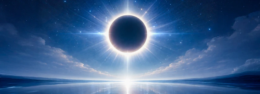 Annular solar eclipse over a calm ocean horizon, with a glowing ring of light around the darkened sun, symbolising clarity, long-term vision, focus and forward planning influenced by an annular eclipse.