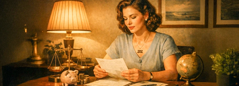 Aquarius finance horoscope 2026 image showing thoughtful planning and balance, representing financial awareness, stability and long-term security.