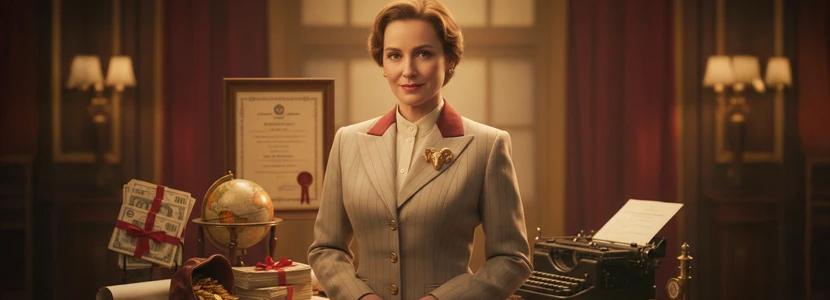 Aries 2026 career horoscope represented by a poised woman surrounded by symbols of money, success and professional achievement