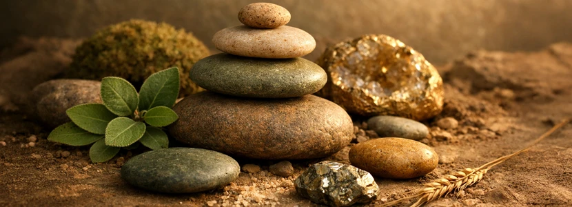 Stacked stones and natural elements symbolising balance, stability and steady financial growth