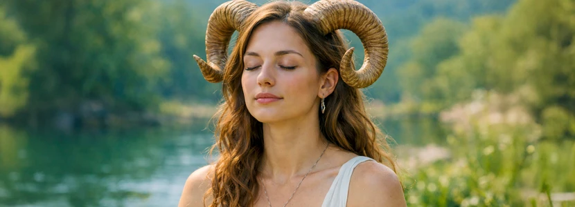 Peaceful Aries woman with ram horns meditating by water, symbolising health, balance and wellbeing