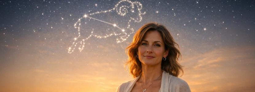 Confident Aries woman beneath the Aries constellation at sunset, symbolising insight and clarity for the 2026 horoscope