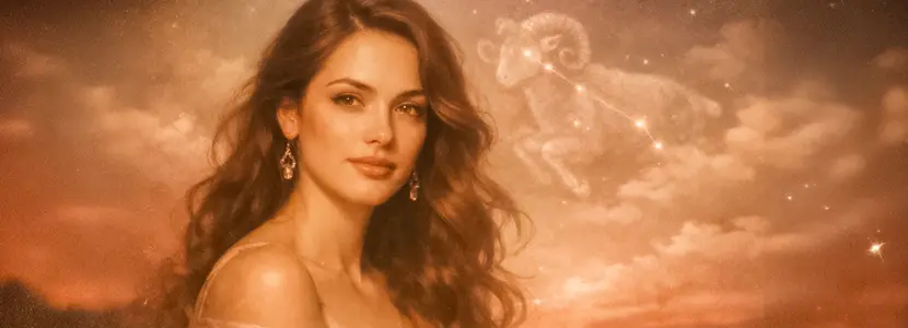 Aries woman horoscope 2026 featuring a confident woman with flowing hair against a warm celestial sky and symbolic ram constellation