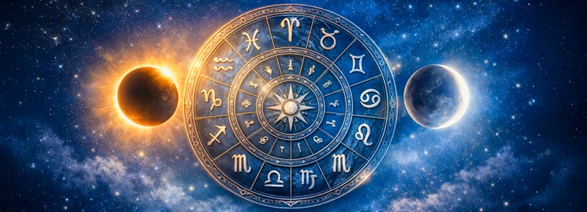 Astrological eclipse illustration featuring the zodiac wheel between a solar and lunar eclipse, symbolising cosmic timing, destiny shifts and astrological guidance during powerful eclipse periods.