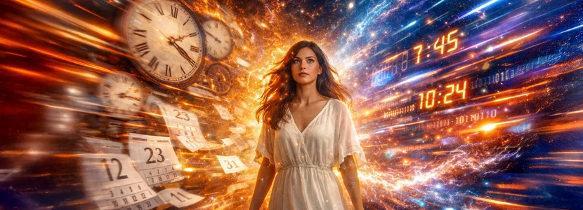 Astrology 2026 artwork showing a woman moving through flowing clocks, dates and cosmic light, symbolising accelerated time, fate shifts and rapid change affecting all zodiac signs in 2026.