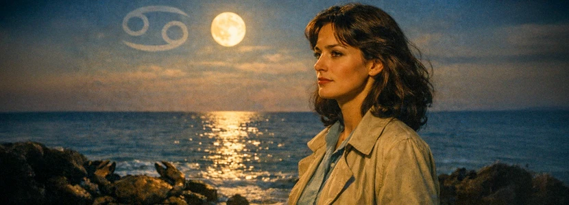 Cancer horoscope woman by the ocean under a full moon, symbolising emotional depth, intuition and reflection for Cancer in 2026