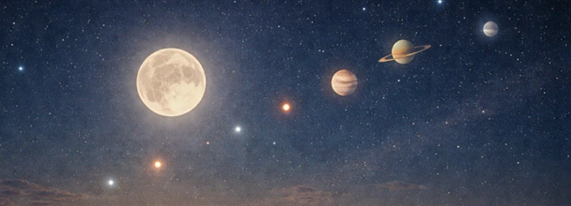 Astrology illustration showing the Moon and major planets aligned in a starry night sky, representing Cancer planetary transits and cosmic influences.