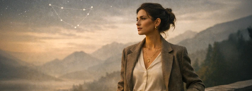 Capricorn 2026 career horoscope image showing a confident woman overlooking mountains, symbolising ambition, leadership and long-term professional success.