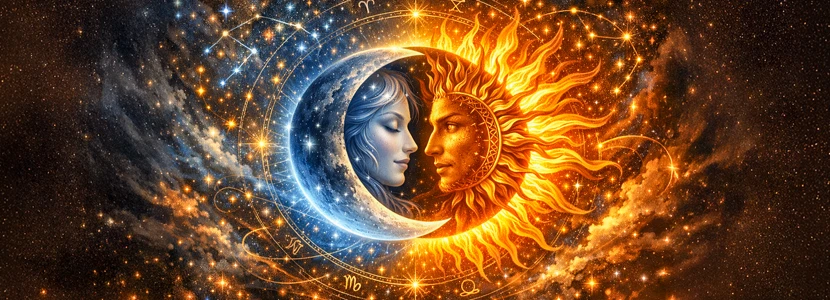 Astrology eclipse artwork showing the sun and moon in symbolic union, representing balance of light and shadow, conscious and subconscious forces, and the powerful influence of eclipses in astrology.