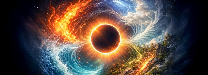 Astrological eclipse artwork showing the four elements&mdash;fire, water, air and earth&mdash;swirling around an eclipsed sun, symbolising elemental balance, transformation and powerful shifts during eclipse seasons.