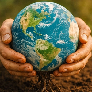 Hands gently holding the Earth with roots in soil, symbolising grounding, care and global connection.