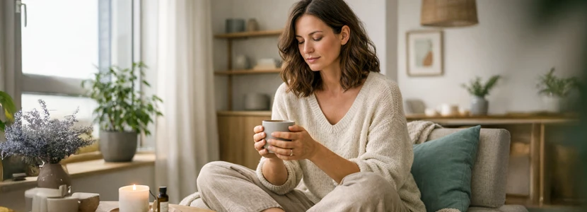 Option 1 &ndash; SEO-balanced (recommended): Gemini health and well-being horoscope image showing a woman relaxing at home, symbolising balance, self-care and inner calm.