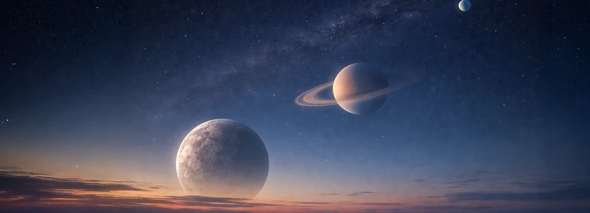 Gemini major planetary transits illustrated by planets in the night sky, symbolising cosmic influences and shifting energies.