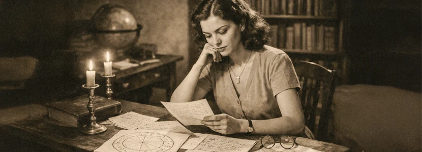 Gemini spirituality and personal growth horoscope image showing a woman reading notes by candlelight, symbolising insight, learning and inner awareness.