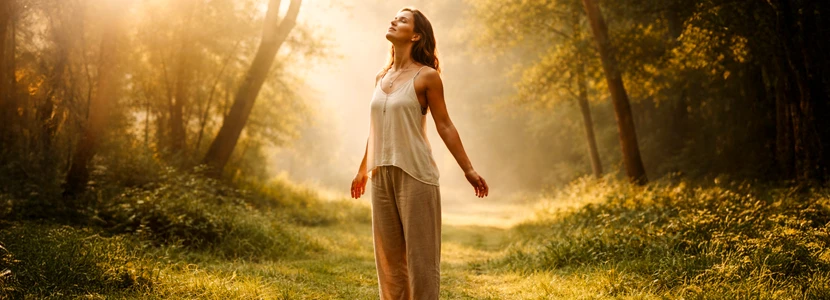 Woman standing peacefully in a sunlit forest clearing with eyes closed and arms relaxed, symbolising grounding, alignment, mindfulness and learning how to work consciously with astrology and natural cycles.