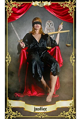 Justice tarot card showing a blindfolded woman holding scales and a sword, symbolising truth, balance, fairness and accountability.