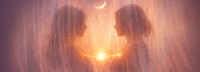Venus retrograde imagery showing two mirrored feminine figures facing each other beneath a crescent moon, symbolising self-reflection, relationship lessons, inner balance and key takeaways from Venus retrograde cycles.
