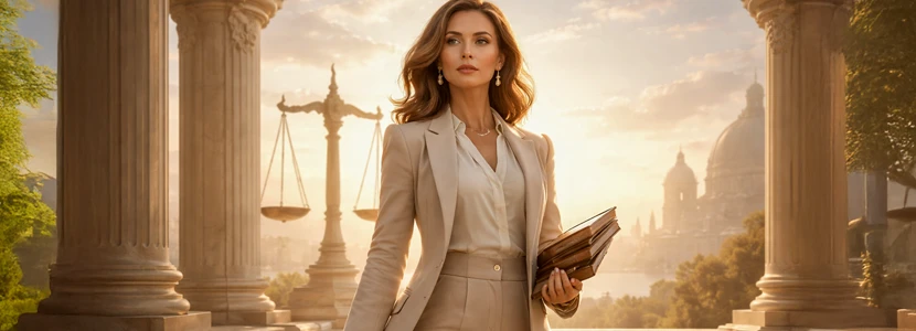 Confident professional woman standing among classical columns and scales of justice, symbolising career growth, ethical choices and leadership for Libra in 2026.