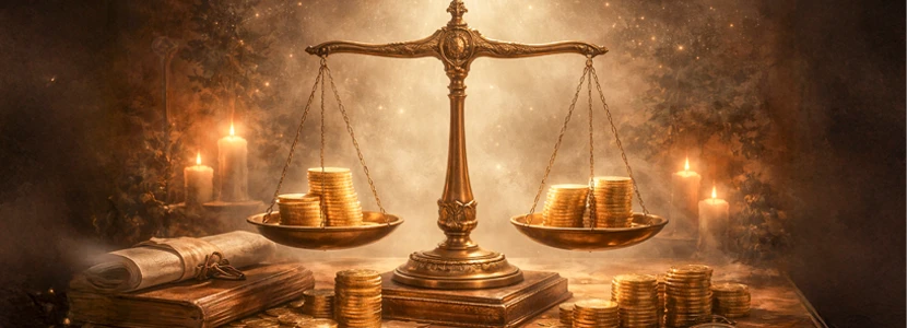 Golden scales balancing stacks of coins and financial documents, representing financial stability, fair outcomes and money decisions for Libra in 2026.