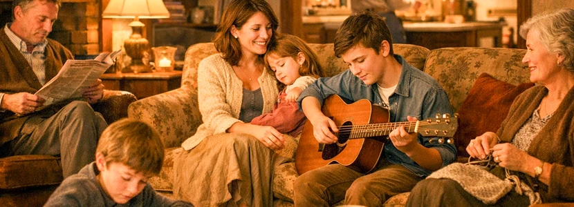 Warm family gathering in a cosy living room, showing connection, harmony and shared moments that support Libra’s home and family life in 2026.