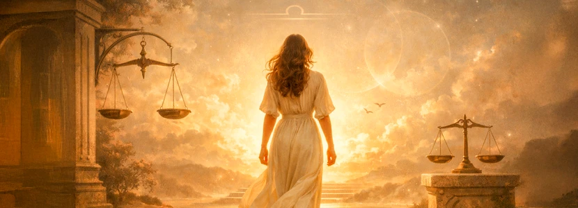 Graceful Libra figure holding scales in a luminous celestial setting, representing balance, clarity and the overall life direction for Libra in 2026.