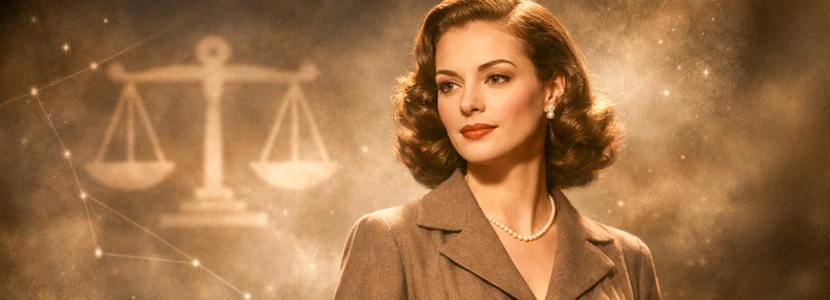 Elegant Libra woman in a vintage cinematic style, representing balance, grace and thoughtful decision-making in the Libra 2026 yearly horoscope.