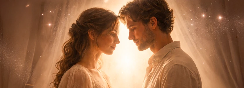 Romantic couple facing each other in soft golden light, symbolising emotional balance, intimacy and meaningful partnerships for Libra in 2026.