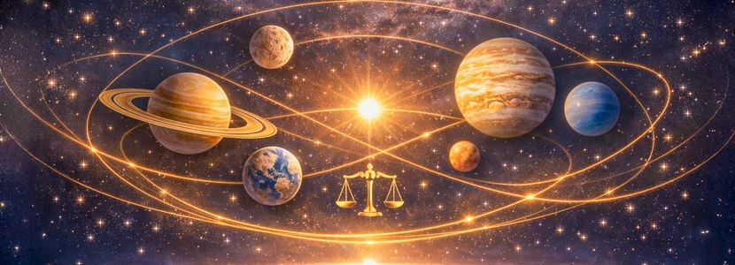Planetary orbits surrounding the Libra scales, illustrating astrological transits and cosmic influences shaping Libra’s journey through 2026.