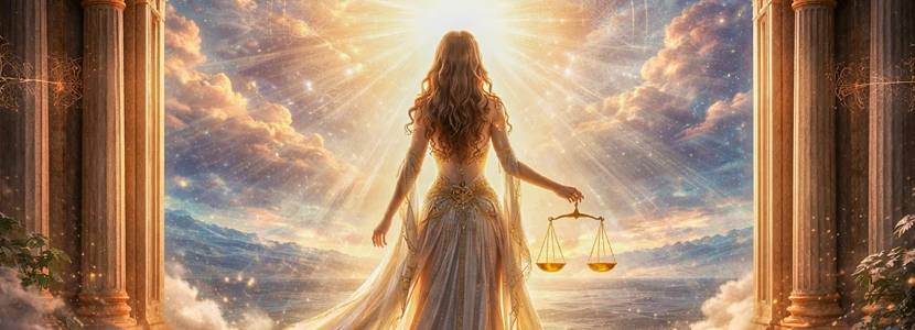 Libra woman walking toward radiant light with scales beside her, symbolising spiritual growth, personal insight and inner alignment in 2026.