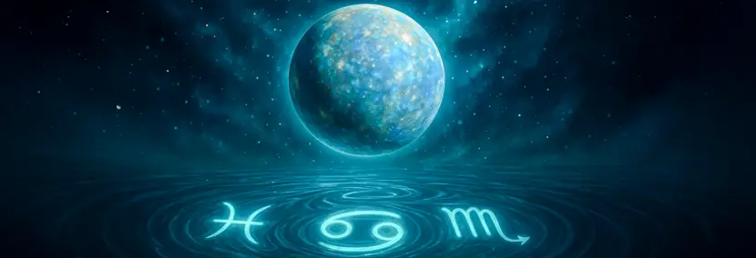 Mystical blue planet above rippling water with glowing Pisces, Cancer and Scorpio symbols, representing Mercury retrograde in water signs.