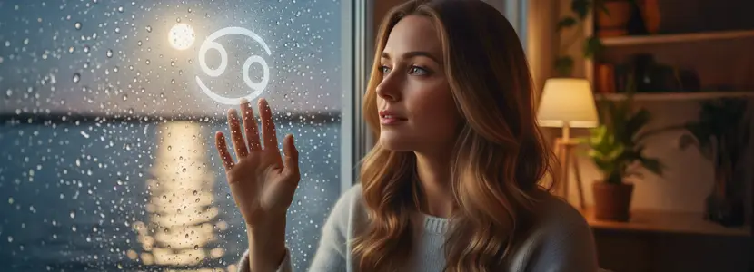 Woman touching a glowing Cancer zodiac symbol on a rain-covered window, representing Mercury retrograde in Cancer.