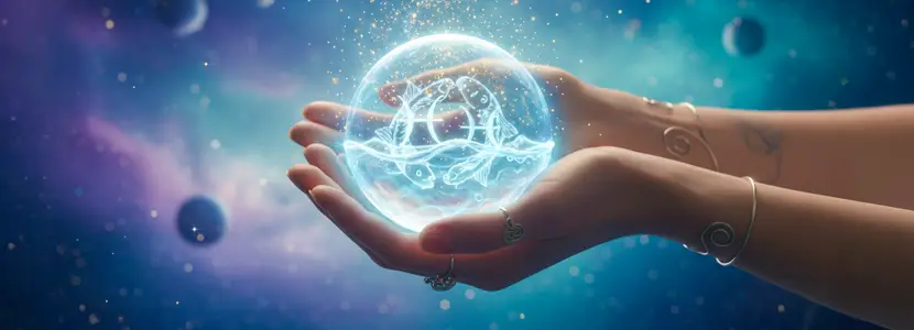 Hands holding a glowing crystal sphere with the Pisces symbol inside, representing Mercury retrograde in Pisces.