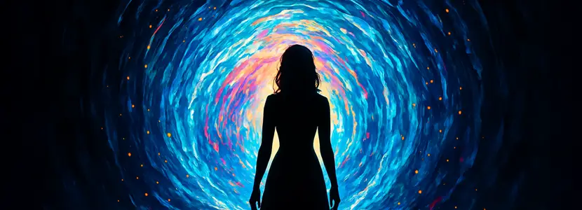Silhouette of a woman standing before a swirling blue vortex of light, symbolising the deep introspective energy of Mercury retrograde in Scorpio.