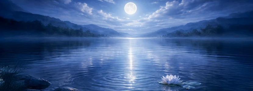 Moonlit water landscape with a glowing full moon reflected on a calm lake and a floating lotus flower, symbolising emotional depth, intuition and reflection during Mercury retrograde in water signs.