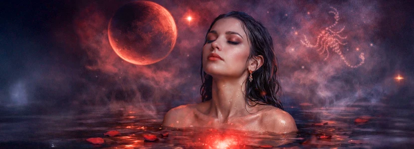 Venus retrograde astrology image of a woman immersed in water beneath a glowing red planet, symbolising deep emotional release, passion, healing and relationship transformation during Venus retrograde.