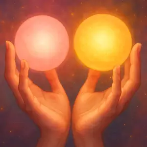 Hands holding a pink and a golden glowing orb, symbolising balance, harmony and Personal Year 2 energy