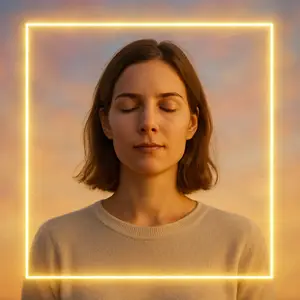 Woman with eyes closed framed by a glowing golden square, symbolising stability, focus and Personal Year 4 energy.