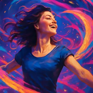 Joyful woman spinning with colourful swirling energy around her, symbolising freedom, change and Personal Year 5 energy.