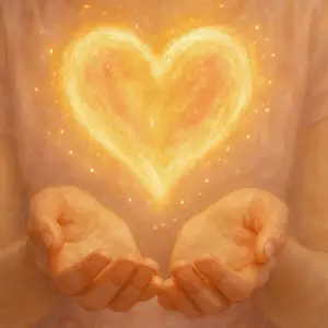 Hands gently offering a glowing golden heart, symbolising love, care and Personal Year 6 nurturing energy.