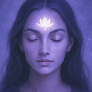 Woman with eyes closed and a glowing lotus on her forehead, symbolising intuition, spiritual insight and Personal Year 7 energy.