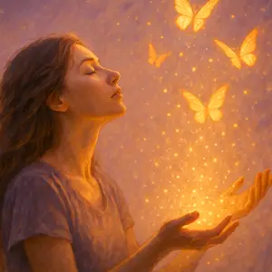 Glowing butterflies rising from a woman&rsquo;s hands representing transformation, strength and Personal Year 9 themes.