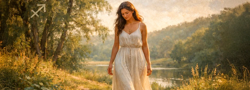 Sagittarius health and wellbeing horoscope 2026 image showing a woman walking calmly in nature, symbolising balance, emotional renewal and holistic wellbeing for Sagittarius.