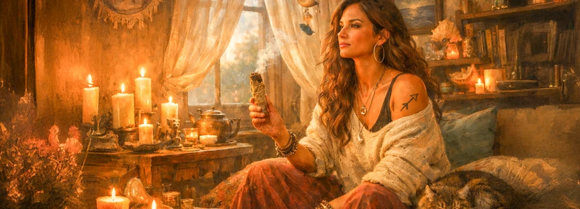 Sagittarius home and family life horoscope 2026 image of a woman walking peacefully in nature, symbolising emotional balance, grounding and harmony within home and family relationships.