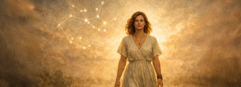 Sagittarius horoscope 2026 astrological conclusion image featuring a woman standing beneath glowing constellations, symbolising clarity, integration and alignment with Sagittarius&rsquo; future path.