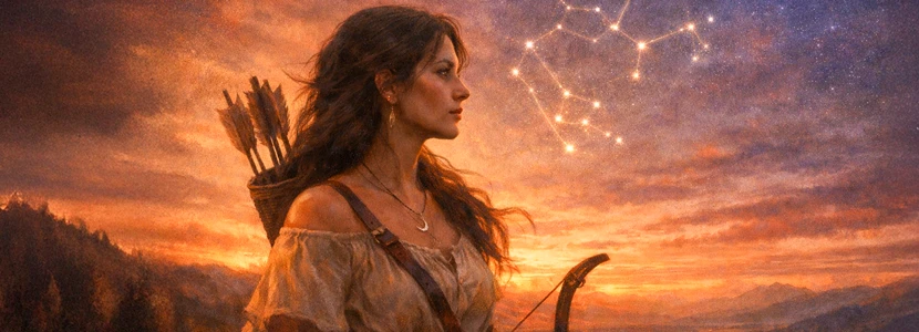 Sagittarius horoscope 2026 featuring a confident woman surrounded by glowing symbols of communication and insight, representing clarity, expansion and inspired self-expression for Sagittarius.